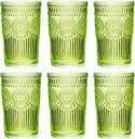 Vintage Textured Green Striped Drinking Glasses Set of 6, 13 oz Ribbed Glassware with Flower Embossed Design, Romantic Cocktail Set, Juice Glass, Iced Coffee Cup, Colored Water Glasses Tumblers