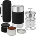 Camping French Press Coffee Maker Set - 12 oz | Portable Travel French Press Coffee Maker | Double Wall Insulated with Dual Stainless Filters & 2 Steel Canisters for Grounds, Tea, Creamer & Sugar