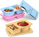 Reusable Snack Containers with Lids Silicone, 3 Pack Double/2 Compartment Small Snackle Box Container for Salad Sauce, Condiment Containers with Lids for Portion Control, Travel, Picnic