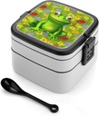 Stackable Double-Layer Bento Box Frog Adults Lunchbox with Spoon Cute Japanese Bento Box Dishwasher Safe for Work Travel Dining Outc