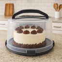 Round Plastic Cake Carrier with Clear Lid, Gray Handle, Secure Clasps & Base, Includes Slice-and-Server Utensil – Cupcake & Dessert Storage, Transport-Friendly