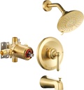 Shower Faucet Set Brushed Gold: Single Handle Bathtub Trim Kit with 6 Inch Rain Shower Head and Tub Spout, High Pressure Faucet Set for Bathroom (Brass Valve Included)