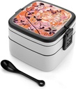 Floral Pattern Bento Box with Compartments Double Layer Bento Lunch Box with Spoon And Handle All-in-One Adult Lunchbox Leakproof Lunch Container for Work Picnic Travel