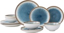 Blue Stoneware Dinnerware Set, 12 Pieces, Blue Stripe Marble, Dishwasher & Microwave Safe