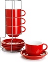 Sweese 8 Ounce Porcelain Stackable Cappuccino Cups with Saucers and Metal Stand - for Specialty Coffee Drinks, Cappuccino, Latte, Americano and Tea - Set of 4, Red