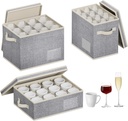 Lifewit 3 Pcs of Mug, Champagne and Wine Glass Storage Box with Dividers, Stackable Cationic Hard Shell Stemware Organizer Case 60 Cells in Total, Foldable Dustproof Goblets Containers, Light Grey