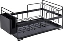 Black Metal Dish Drainer with Hanging BasketSpaceSaving Kitchen Sink Rack for Plates Bowls & UtensilsStylish & Durable Kitchen Storage Solution.