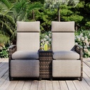 Patio Recliner Loveseat Chair, Adjustable Backrest Wicker Outdoor Lounge Chair Set with Acacia Wood Armrests and Built-in Storage Table, Outdoor Rattan Daybed for Garden Balcony Porch Lawn, Brown