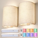 OCATO Battery Operated Wall Sconce: Wireless Wall Sconces Set of Two Magnetic Lamp Rechargeable Lights Dimmable with 16 RGB Colors Fabric Linen Shade with Remote Walls Decor for Bedroom Living Room