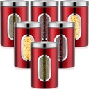 Zopeal 6 Pack Red Canisters Sets For Kitchen 50oz Stainless Steel Red Kitchen Canisters with Transparent Windows Flour Sugar Container Metal Jar Countertop Set for Coffee Tea Decorative