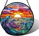 Stained Glass Window Hanging, Clouds and Sea Waves Suncatcher Diamond Glass Panel Hangings Scenery Sun Catchers Decor for Birthday for Women, Men, Wife, Aunt, and Mom 7.8 in