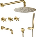 RBROHANT Brushed Gold Shower System with Tub Spout, Brass Bathtub Shower Faucet Set with 3 Way Rough-in Valve,10 Inch Round Shower Head Set with Tub Spout and Handheld, JK0299