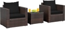 COSTWAY 3-Piece Patio Furniture Set, Outdoor Wicker Rattan Sofa with Cushions and Coffee Table with Tempered Glass, Modern Conversation Chair Set for Poolside Backyard Balcony Lawn (Black)