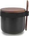 Kitchenexus Sugar Bowl with Lid and Spoon, Ceramic Spice Storage Jar with Wooden Lid and Spoon for Kitchen, 250ml Sugar Jar Black