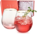 Khen Blush Red Large Wine Glassware | Set of 2 | Gold Rim Waterfall Balloon Shaped Glasses, Ripple Vibrant Ombre Color For Cocktails & Wine, Stemmed Vintage Gold Crystal Glass (14 OZ)