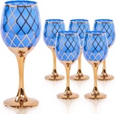 Blue and Gold Gold Wine Glasses Set of 6, Colored Long Stemmed and Rimmed Decorative Fancy Crystal Glassware, Cobalt Goblets for Gifts, Wedding, Festival, Birthday, Thanksgiving, 12oz