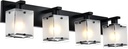 4-Lights Bathroom Vanity Lighting Over Mirror, Black Bathroom Wall Light Fixtures with Frosted Rectangular Glass Shade for Bath Living Room, E26 Bulb Base
