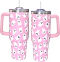 5D Printed Pink Halloween Ghost Tumbler with Lid and Straw - Spooky Ghost Cup Halloween 40 oz Tumbler with Handle Water Bottle Travel Mug Gifts for Women