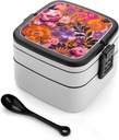 Bento Box Stackable 2 Layers Containers Adult Lunch Box Peach And Purple Flowers Lunchbox for Women Men All-in-One Meal Prep Containers Leakproof Lunch Containers for Work