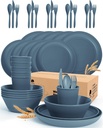 42 Pieces Kitchen Plates and Bowls Set - OAMCEG Plastic Dinner Set for 6, Wheat Straw Dinnerware Set, College Dorm Microwave Dishes, Unbreakable Plastic Outdoor Camping Dishes, Dark Blue