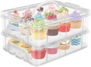 Cake Carrier with Lid, Two Tier Handle Cupcake Carrier, Stackable Cupcake Holder Container for 24 Cupcakes, Cake Carrier with Trays, Dessert Container for Cake Pie Muffin Cobbler, White