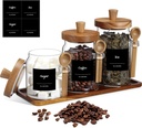 Suclain 3 Pcs Glass Coffee Container with Wooden Lid Spoon Shelf Labels Coffee Container Clear Airtight Jars Food Storage Canisters for Sugar Spice Christmas Housewarming Gift(13.5,20,25 oz)