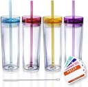 SKINNY TUMBLERS 4 Colored Acrylic Tumblers with Lids and Straws | Skinny, 16oz Double Wall Clear Plastic Tumblers With FREE Straw Cleaner & Name Tags! (Multicolor, 4)