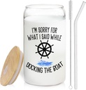 Funny Nautical Glass Cup with Lids and Straws 14oz, Boating Gifts for Men, I'm Sorry for What I Said When I was Docking the Boat Glass Coffee Tumbler Drinking Jars with Cleaning Brush