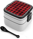 Bento Box Stackable 2 Layers Containers Adult Lunch Box Red Black Buffalo Check Plaid Lunchbox for Women Men All-in-One Meal Prep Containers Leakproof Lunch Containers for Work