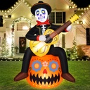 Rocinha 8FT Halloween Inflatables Pumpkin Sugar Skull Guitar Day of The Dead Inflatable Outdoor Decorations Dia De Los Muertos Decorations with LED Lights Halloween Blow Up Yard