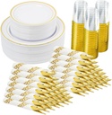 350 Pieces Gold Disposable Plates for 50 Guests, Disposable Plastic Plates for Party, Wedding, Dinnerware Set of 50 Dinner Plates, 50 Salad Plates,50 Cups and 50 Paper Napkins, Gold