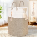 65L Woven Laundry Basket for Clothes, Large Rectangle Laundry Hampers with Beads Tassel, Nursery Storage Basket for Toys, Tall Dirty Clothes Hamper for Bedroom Aesthetic, Laundry Room Organization