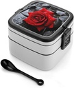 A Red Rose Bento Box for Adults Double Layer Lunch Box with Spoon And Invisible Handle Microwave Dishwasher Safe Leak Proof Meal Prep Lunch Containers for Office Picnic