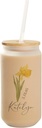 Personalization Universe Birth Month Flower Single Personalized Frosted Iced Coffee Tumbler - Bamboo Lid/Straw, 16 oz Glass Cup - Cute, Reusable, Sustainable for Travel, Matcha, Coffee, Tea
