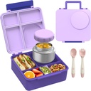 Bento Lunch Box Set for Kids with 8oz Soup Thermo, Leak-Proof Lunch Containers with 4 Compartment, Thermo Hot Insulated Food Jar and Foldable Fork Spoon for Kids to School (Pale Purple)