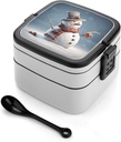 Adult Double-Layer Bento Box Portable Funny Christmas Snowman Lunchbox 1 L Capacity Leak-Proof Bento Box Microwave-Safe Food Container with Spoon And Hidden Handle