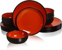 TP 18-Piece Dinnerware Set, Melamine Dishes Set with Bowls and Plates, Service for 6, Non-breakable Lightweight Dining Tableware, Black and Red