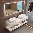 68IN Bathroom Vanity - Marble Double Sink Bathroom Vanity, Smart Light & Open - Style Storage | 2 Black Faucet, Floating Storage Cabinet, Double - Layer Design, White