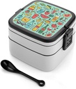 Food And Drink Bento Box with Compartments Double Layer Bento Lunch Box with Spoon And Handle All-in-One Adult Lunchbox Leakproof Lunch Container for Work Picnic Travel