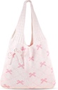 Coquette Crochet Tote Bag Cute Pink Tote Bag with Bag Charms Keychain Aesthetic Shoulder Bag Handbags for Women Girls