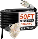 50 FT 16/3 Gauge Outdoor Extension Cord with Multiple Outlets Light Indicator, Flexible 3 Outlet Weatherproof Heavy Duty Extension Cord Waterproof Black, 13A 1625W 16AWG SJTW, ETL Listed