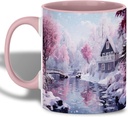 Romantic Winter Cottage Mug, 11oz Pink Snow Landscape Coffee Mug, Christmas Morning Tea Cup, Cozy Holiday Scene Ceramic Drinkware Gift for Home Lovers