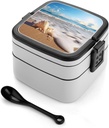 Beach With Shells Bento Box with Compartments Double Layer Bento Lunch Box with Spoon And Handle All-in-One Adult Lunchbox Leakproof Lunch Container for Work Picnic Travel