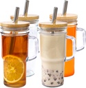 24oz Glass Cups with Lids and Straws - Glass Tumbler cup with bamboo lids and straw iced coffee cup
