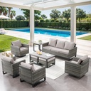 9 Piece Wicker Patio Furniture Set - Outdoor Swivel Rocker Chairs Set with Coffee Table, Rattan Chairs, 3 Seat Sofa & Ottomans, Patio Conversation Sets for Bcakyard Deck - Grey/Beige