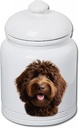 Best of Breed Goldendoodle Chocolate Dog and Cat Ceramic Treat Jar 9" Tall Air Tight Seal All White