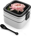 Peony Bento Box Double-Layer Bento Lunch Container with Spoon And Invisible Handle Adult Leak-Proof Lunchbox for Dining Out Work Picnics Travel