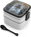 Gray And White Cat Bento Box - Double Layer, Leakproof Food Containers with Partition & Spoon, Stackable Lunch Box for Office, Travel, Camping