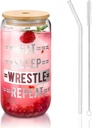 Eat Sleep Wrestle Repeat 16 Oz Drinking Glasses With Bamboo Lids,Glass Straw And Cleaning Brushes Glass Tea Cup For Iced Coffee,Smoothie,Cocktail,Beer,Whiskey,Soda,Matcha