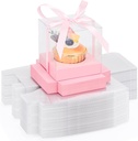 EUSOAR Pink Cupcake Boxes, 100 Packs 3.5 Inch Clear Plastic Cupcake Containers Box Individual with Inserts and Ribbon, Pastry Wrappers Clear Muffin Gift Holder for Wedding Favor Bakery Decor